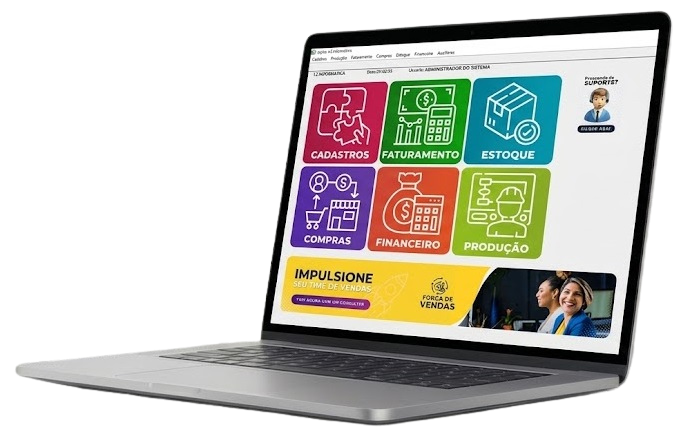 Sistema Alpha Têxtil aberto em notebook, exibindo os módulos Cadastros, Faturamento, Estoque, Compras, Financeiro e Produção