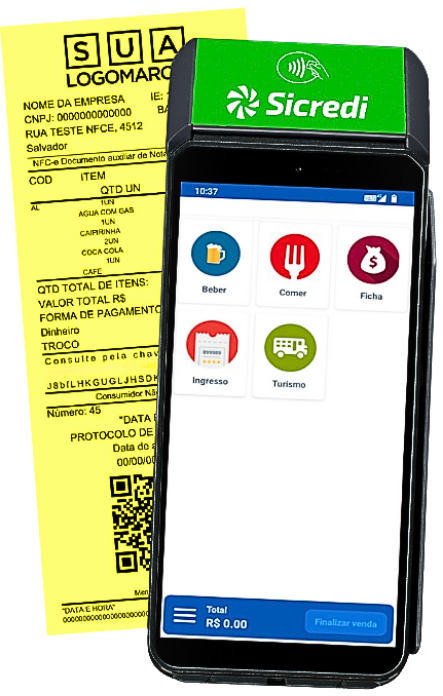 Maquininha Smart com o Flex Mob aberto na tela inicial, com as categorias Beber, Comer, Ficha, Ingresso e Turismo, e um cupom impresso ao lado