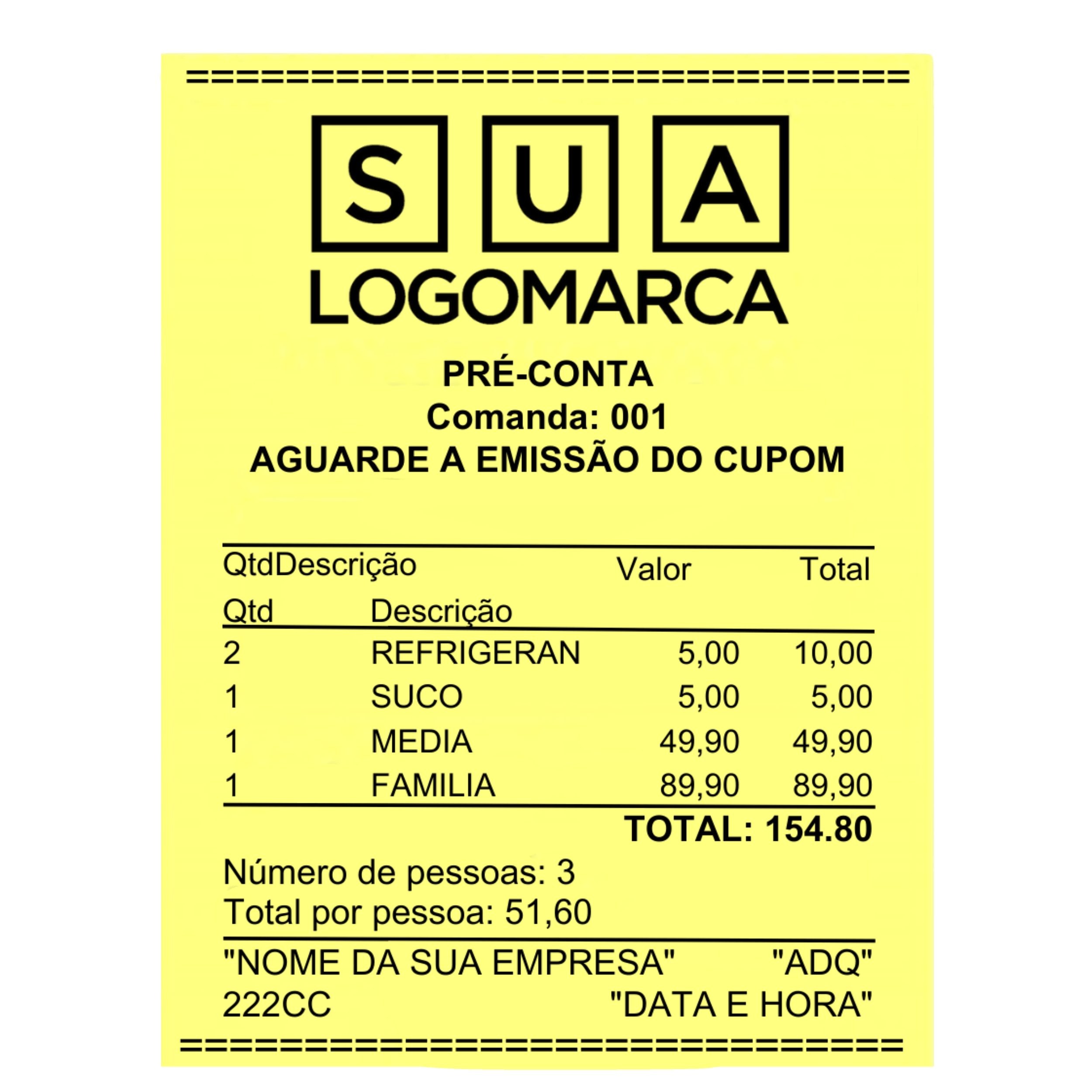 Pré-conta impressa na maquininha com quantidade, descrição, valor, total da comanda e divisão por pessoa