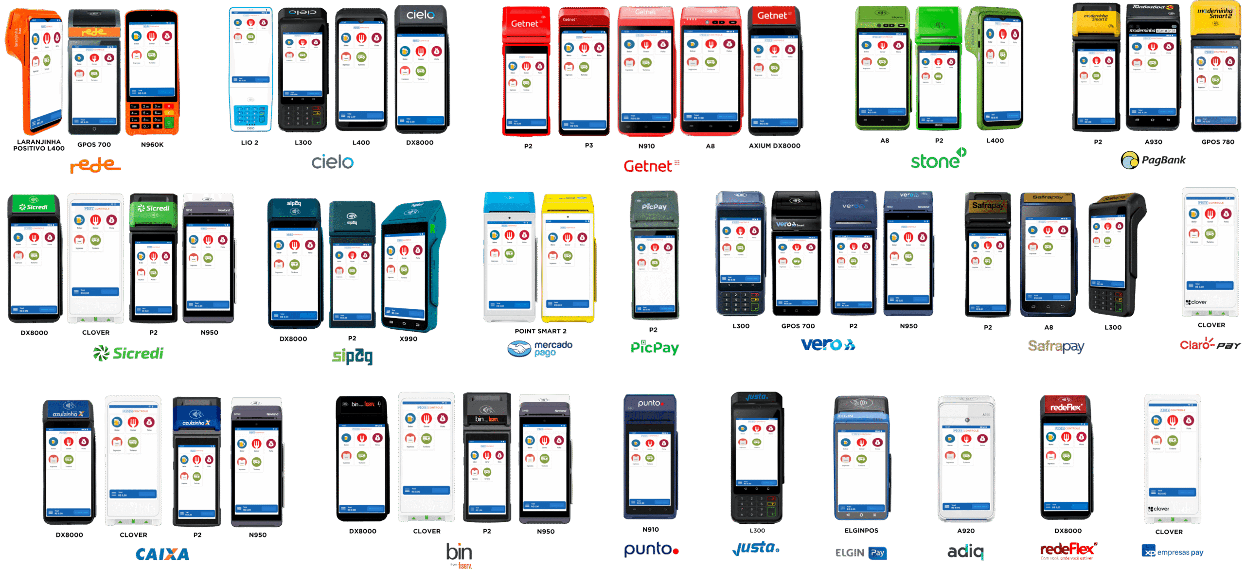Modelos de maquininha Smart homologados para o Flex Mob, agrupados por adquirente: Rede, Cielo, Getnet, Stone, PagBank, Sicredi, Sipag, Mercado Pago, PicPay, Vero, Safrapay, Claro Pay, Caixa, Bin, Punto, Justa, Elgin, Adiq e RedeFlex