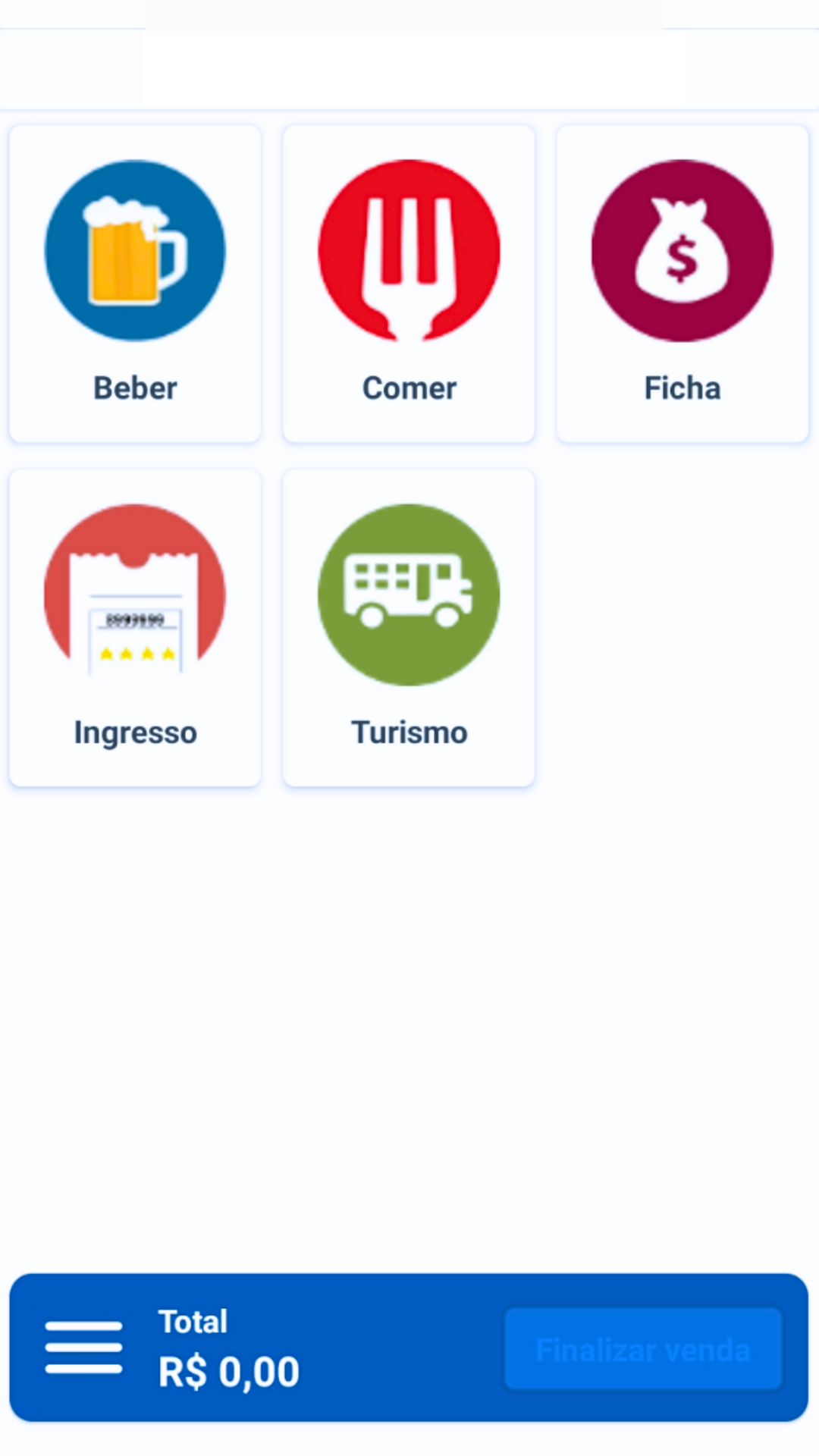 Tela inicial do Flex Mob na maquininha Smart, com as categorias Beber, Comer, Ficha, Ingresso e Turismo e o total da venda